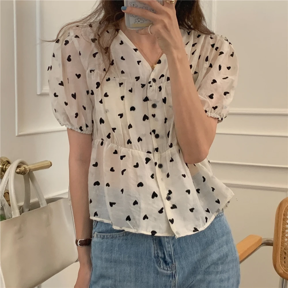 

White Casual V-Neck Sweet Printing Tops Streetwear Femme Retro OL Blouses 2021 Loose All Match Vintage Summer Women Chic Shirts