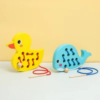 1pcs new montessori toys wooden duck whale animal fine motor skills threading toys newborn cognitive preschool puzzle toys gifts