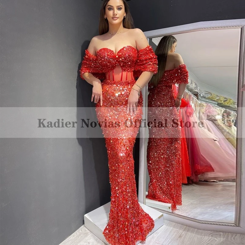 

Long Mermaid Red Luxury Beads Evening Dresses 2021 Off the Shoulder Party Dress Formal Prom Dress 2021 vestidos de noche