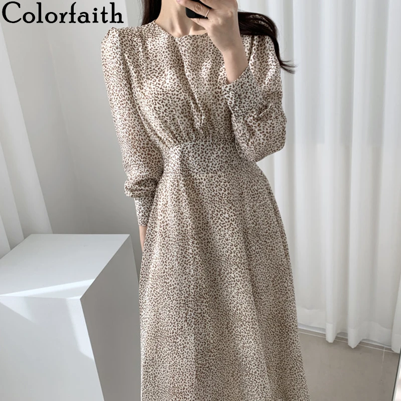Colorfaith новинка 2020 весна осень женское платье шифон Леопардовый принт модное на