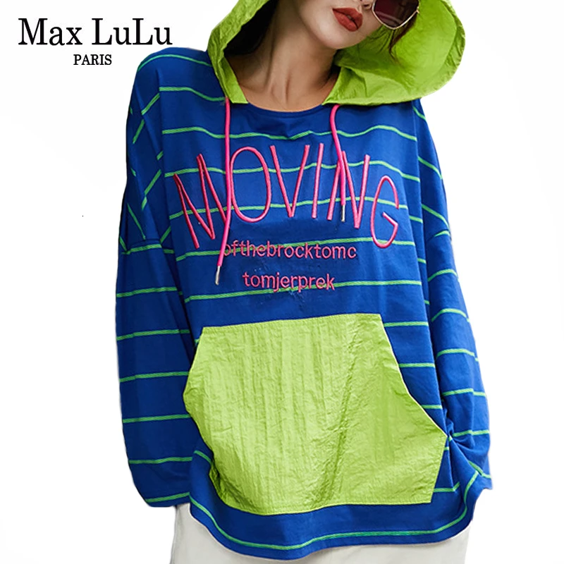 Max LuLu/Модная женская одежда в Корейском стиле в стиле панк в стиле пэчворк; женские осенние толстовки в полоску с капюшоном; повседневные толстовки с вышивкой