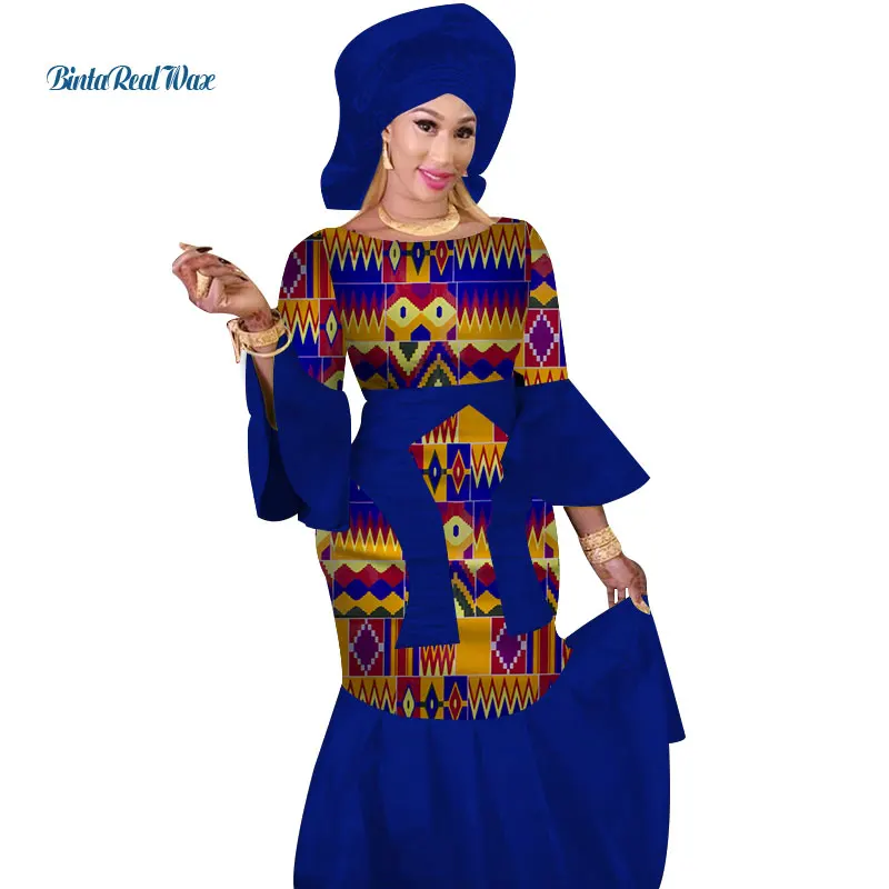 

Bazin Riche African Clothing 100% Cotton African Wax Print Dresses with Head Scarf for Women Vestidos Long Dresses WY3089