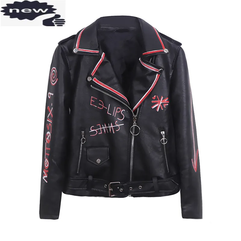 Slim Fit Moto Biker Printed Womens Faux Jackets Long Sleeve Zipper Fly Fashion Streewear Spring Female PU Leather Coats