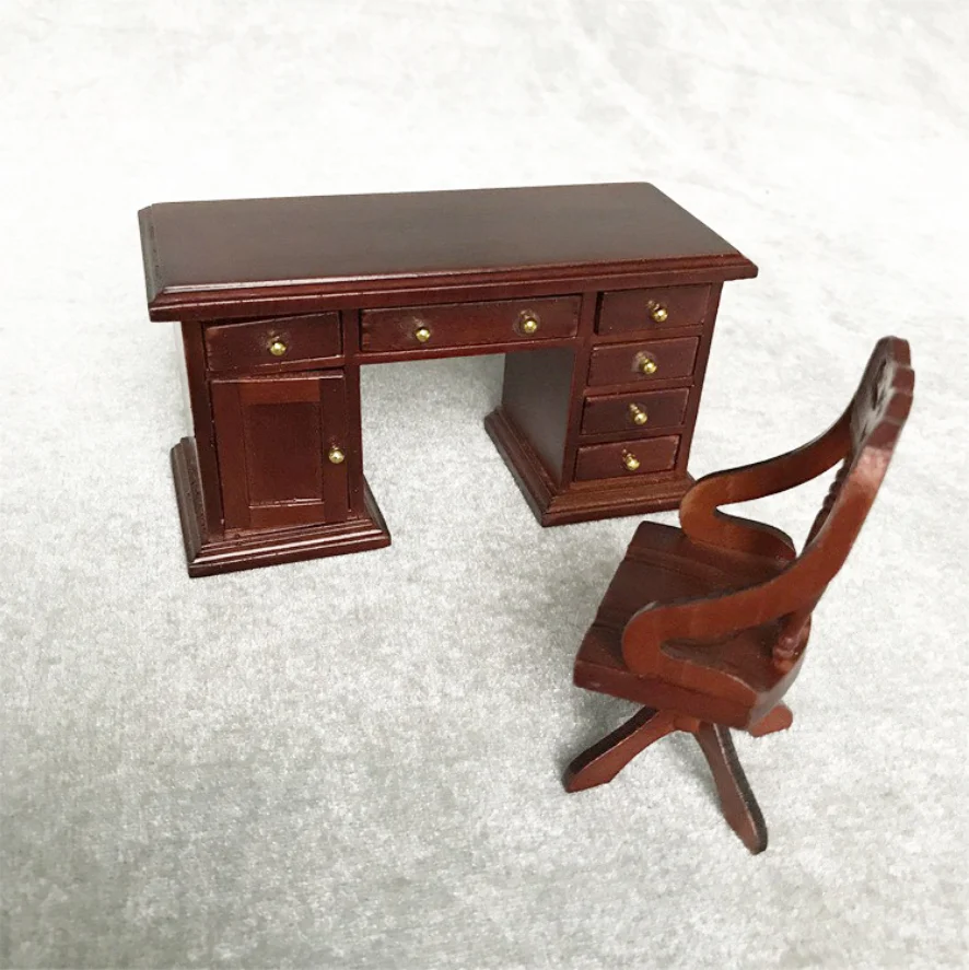 

Mini Furniture Retro Desk Chair Set Model Simulation Study Room Scene 1:12 Dollhouse