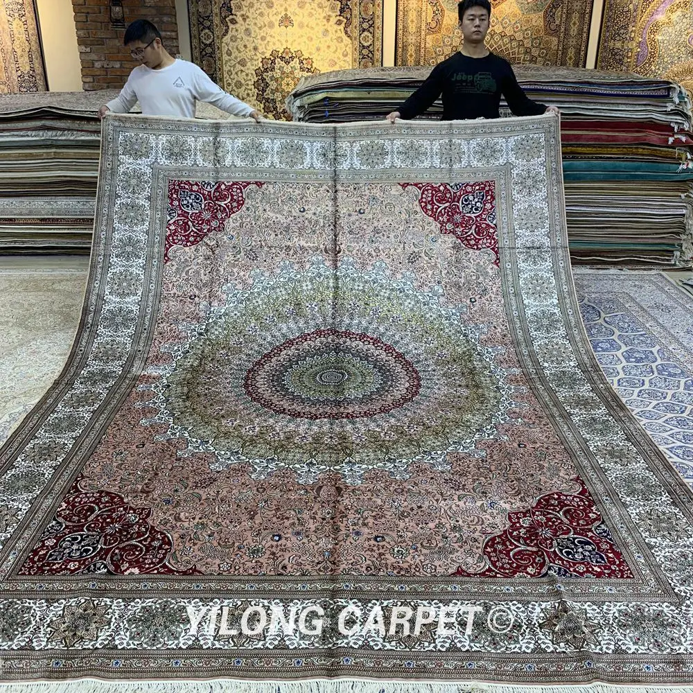 Koop Yilong 9'x12 'eersteklas Mooie Roze Handgemaakte Zijden Rug Qum Zijde Tapijt (SL886A9x12)