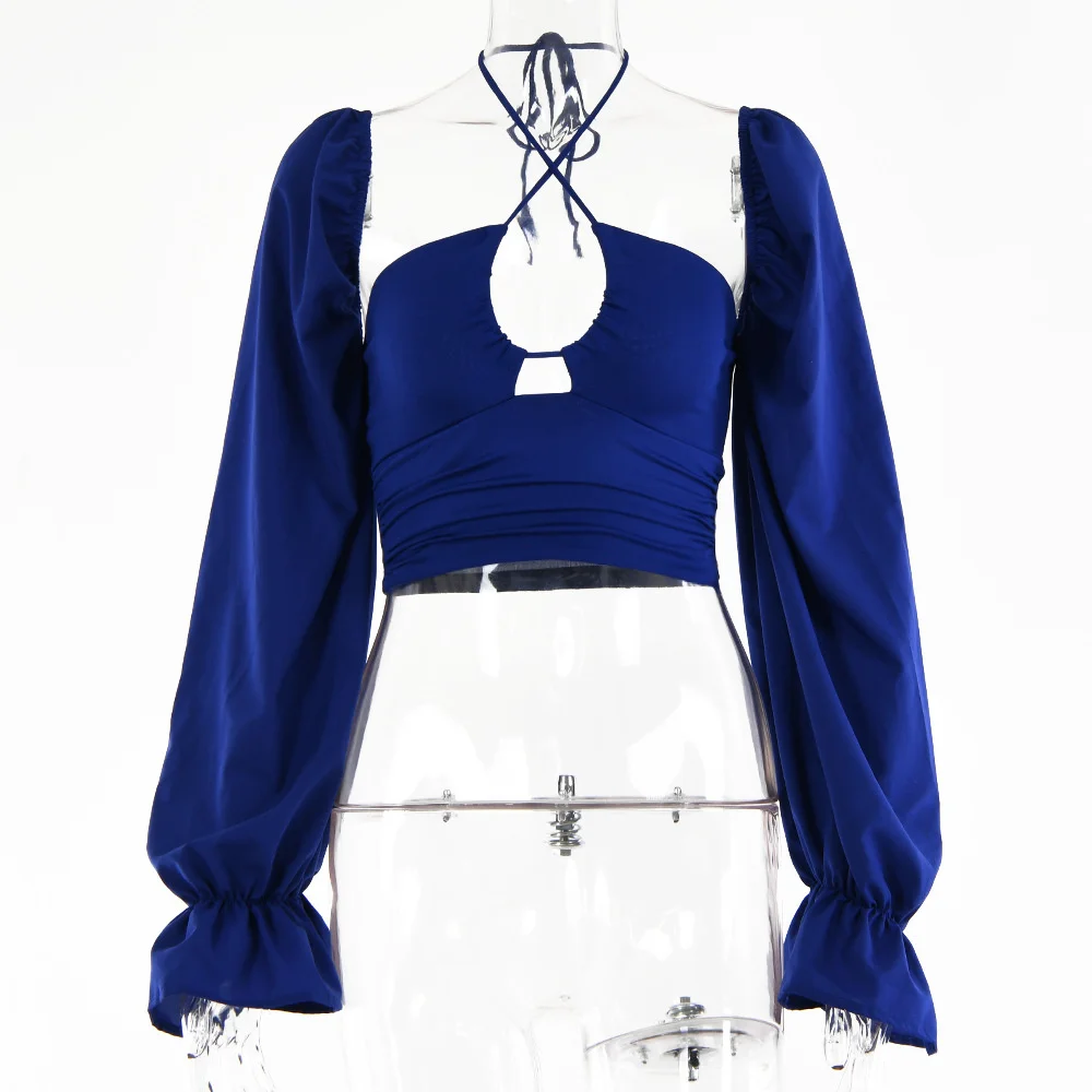 

Halter Women Elegant Blouse Summer Chic Spliced Shirt French Retro Slim Square Collar Puff Sleeve Tops Long-Sleeve Shirt