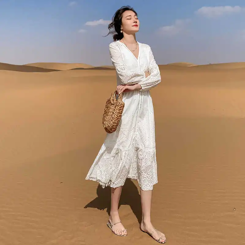 

super fairy style long skirt white holiday long sleeve dress autumn