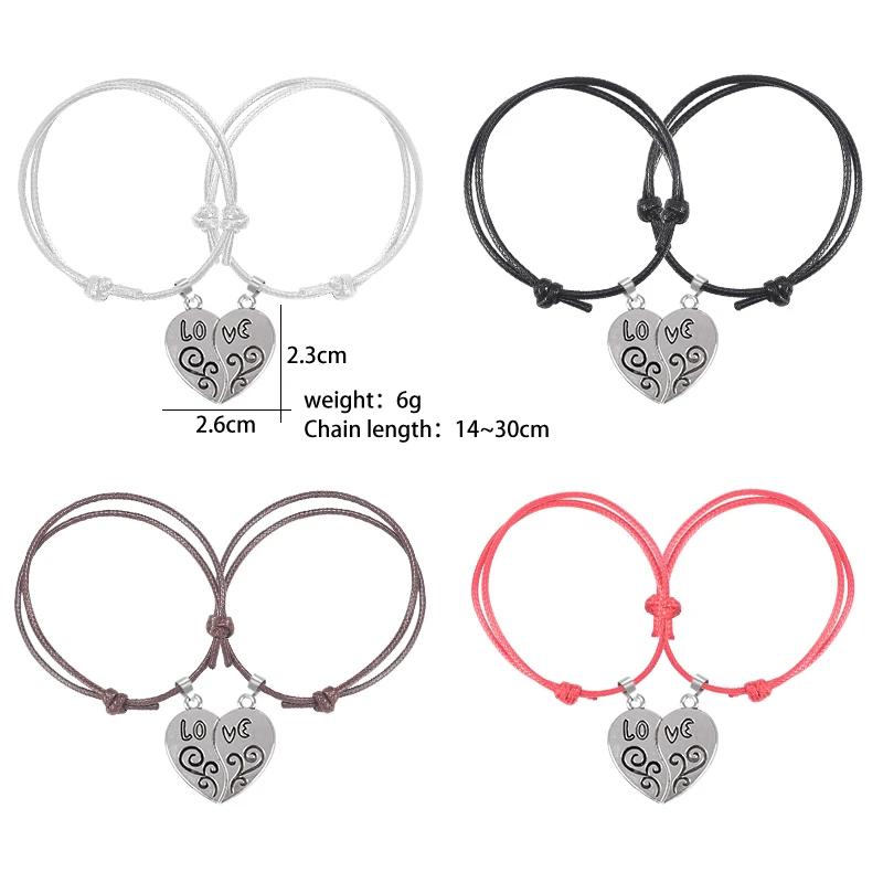 

Hot Sale Men And Women Fashion Bracelet Couple Leather Cord Bracelet Heart Alloy Pendant Valentine's Day Jewelry Gift 2020new