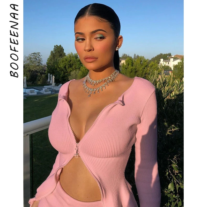 Женский вязаный кардиган BOOFEENAA белый в рубчик с двойной молнией осенне зимняя