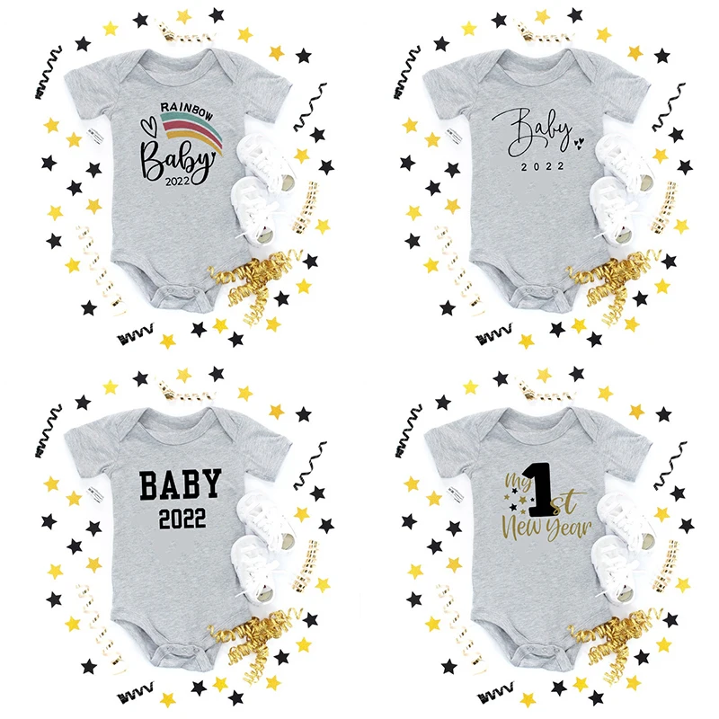 

Newborn Baby Boys Girls My 1st New Year Grey Bodysuit Short Sleeve Jumpsuits Boys Girls New Year Presents Infant Rompers Toddler