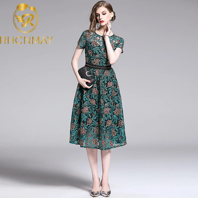 

2020 New High Quality Plus Size Summer Lace Dress Vintage Women Floral Embroidery Short Sleeve Midi Elegant Hollow Out Dresses