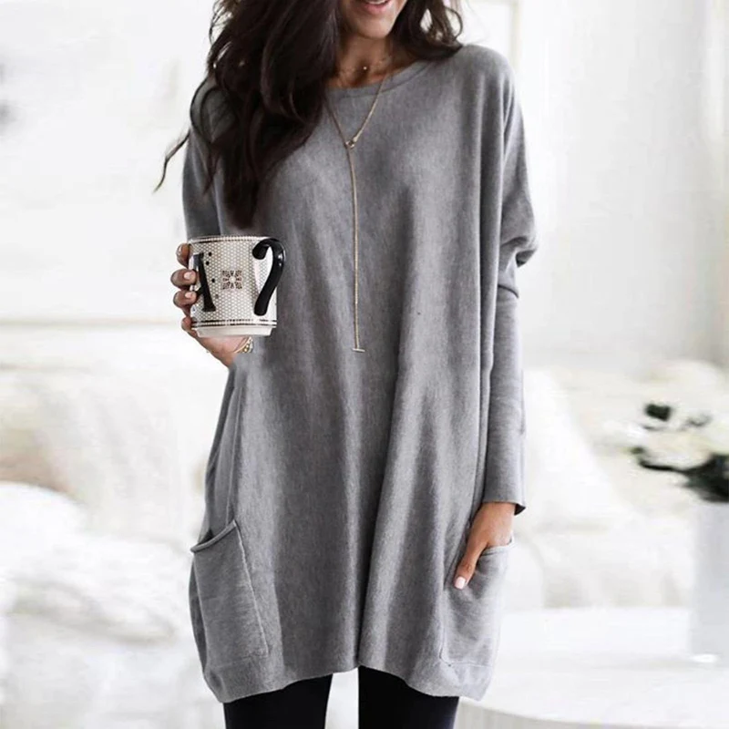 

Spring Autumn New Women's Long Sleeve T-Shirt Tops Fashion O-Neck Pocket T-Shirt Casual Women's Top T-Shirt 2021