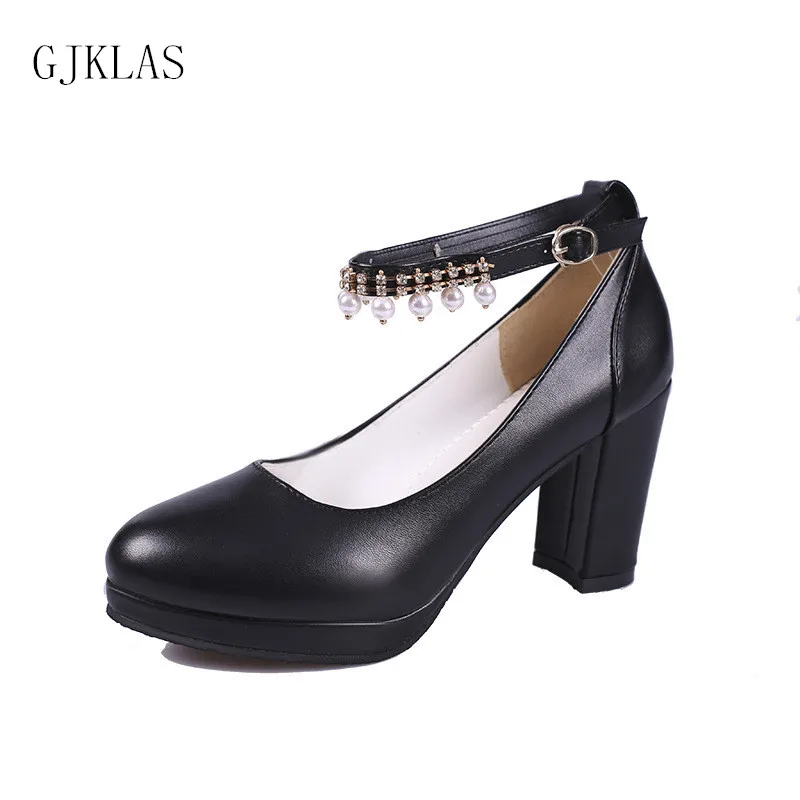 

High Heels Sexy Pumps Women Shoes Chunky Heels Pearl Fashion Leather Cosy Dress Woman Office Shoes Pink Black White Female Shoes