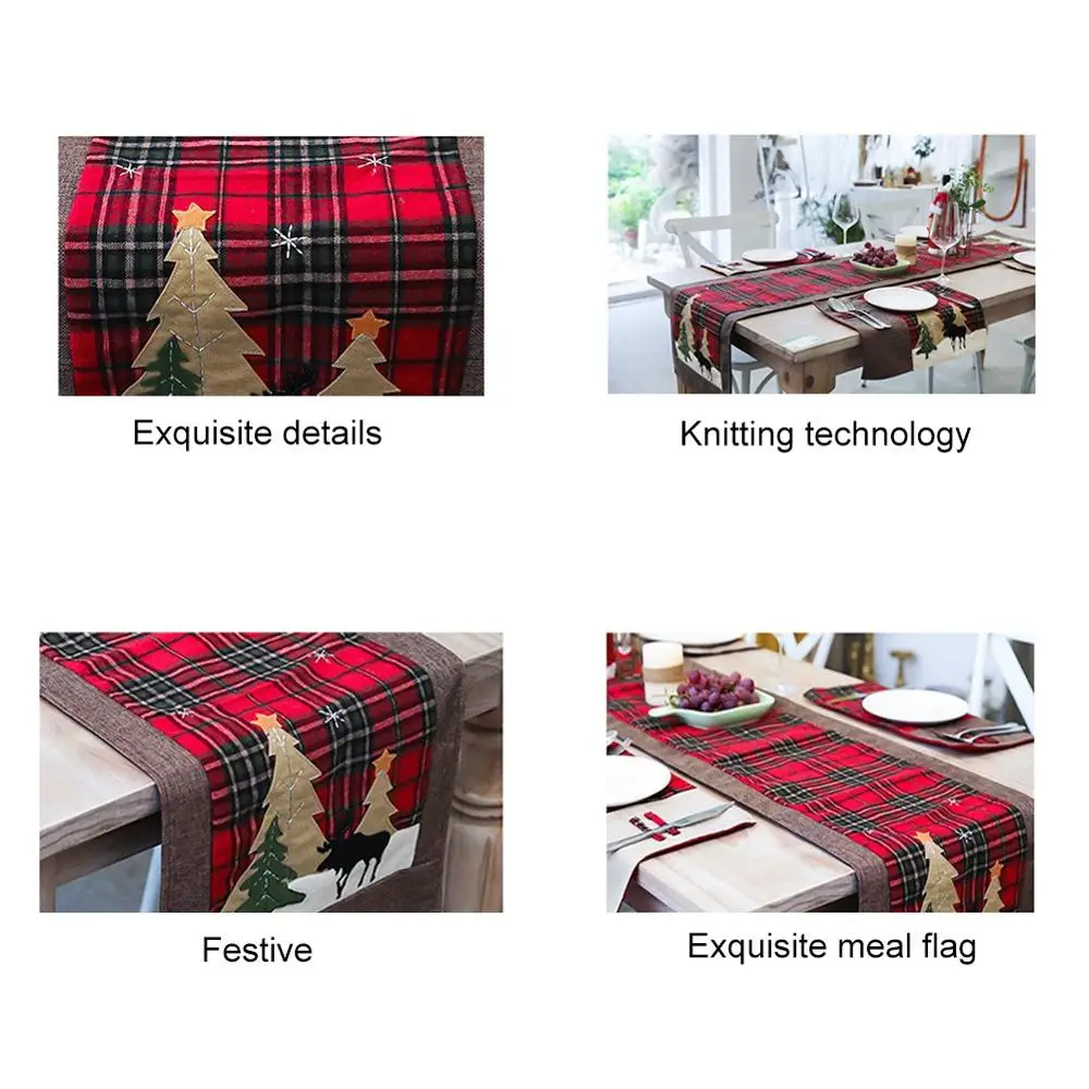 

180*35cm Red Plaid Christmas Table Runner Table Flag Christmas Tree Elk Table Cloth Cover Table Decor for Home Holidays Parties