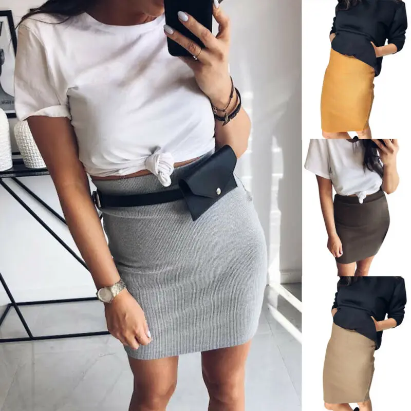 

High Waisted Skirts Women Pencil Office Skirt Autumn Kintting Skirts Cotton Stretch Knee Length Plus SizeS-XL faldas