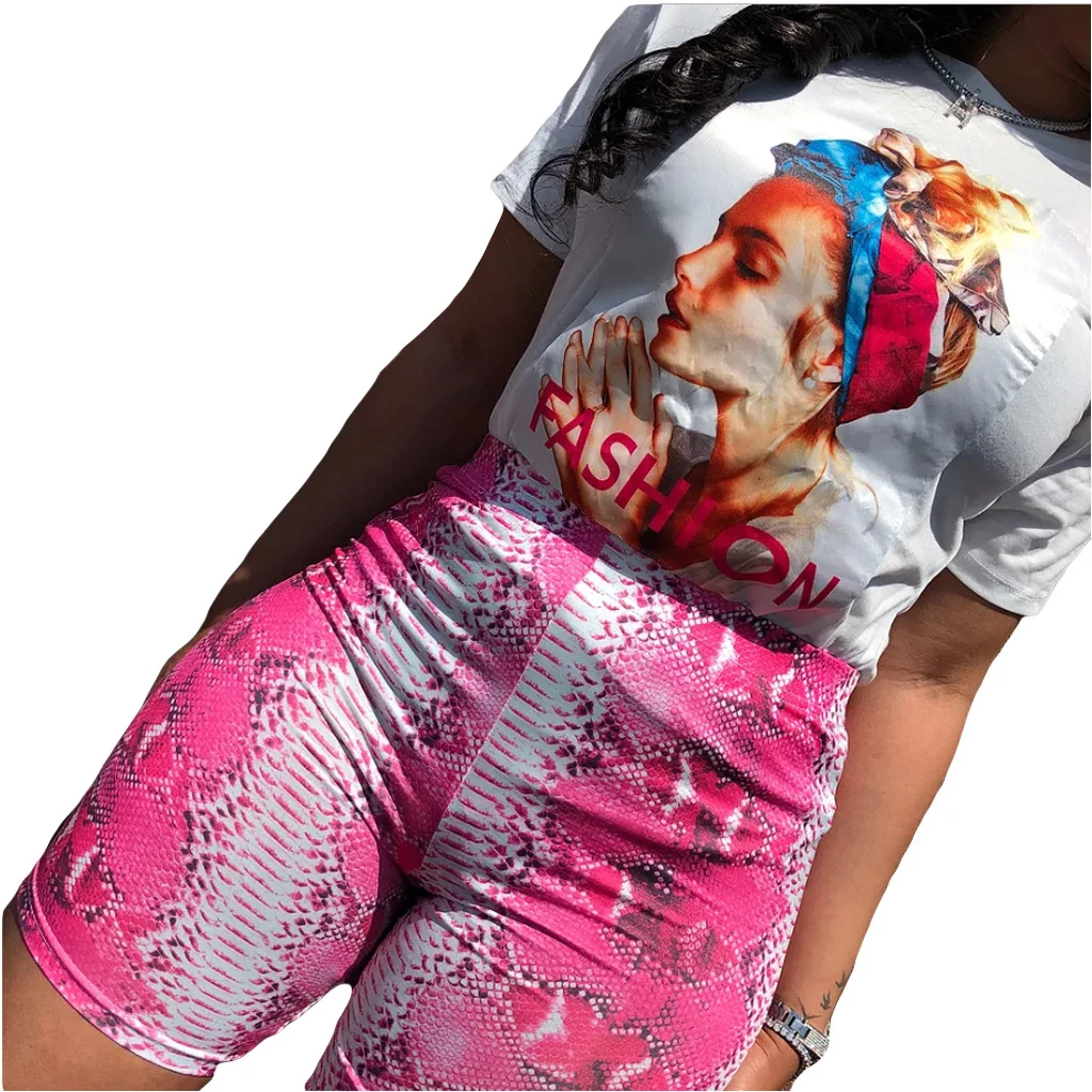 

New Post-Printing Two-Piece Suit Spring 2021 Women's Short-Sleeved Post-Print Top + Printed Shorts With Fashionable Casual Suit