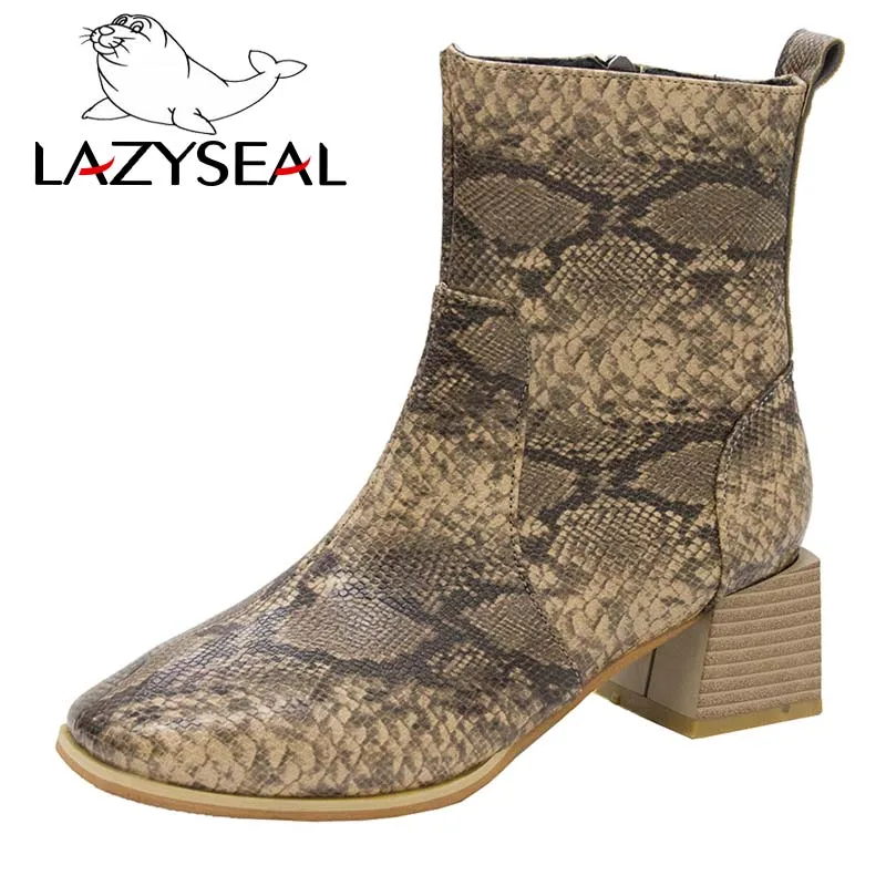 LazySeal Snake Pattern Side Zipper Chelsea Boots Women Shoes Wood Grain Square Heel Ankle Toe Winter Ladies Booties | Обувь