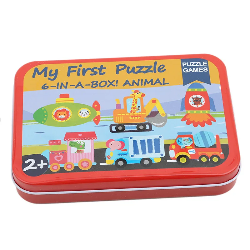 

Baby toys 6 in 1 iron box cartoon animals Wooden puzzle for children Montessori early educational toys gifts for kids CX899067