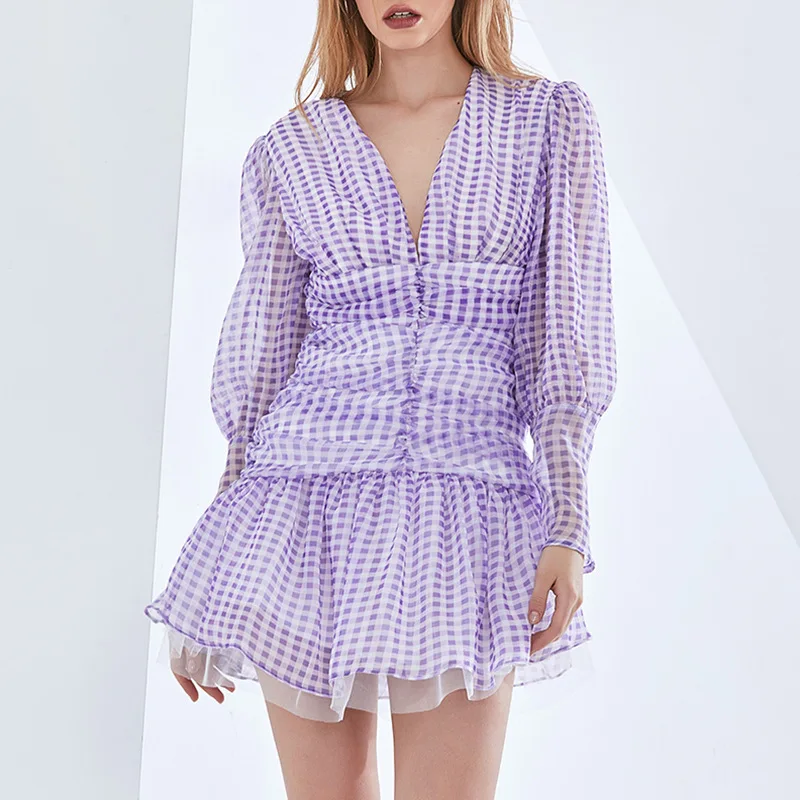 

2021 Spring Summer Sexy Bubble Sleeve Homecoming Dress Women V Neck Plaid Slim Pleated Skirt Fashion Graduation Party Prom Dress