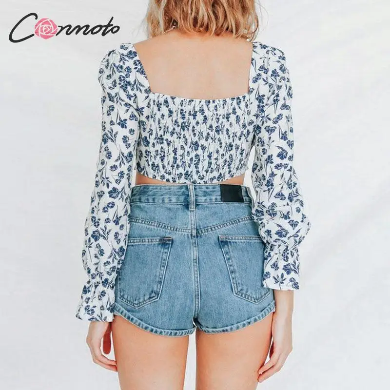 Conmoto/модные синие женские короткие топы с цветочным принтом и блузка 2019 осенне