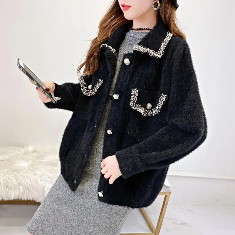 

Spring and autumn new small fragrance imitation mink woolen coat women's short knitted cardigan small loose thick coat
