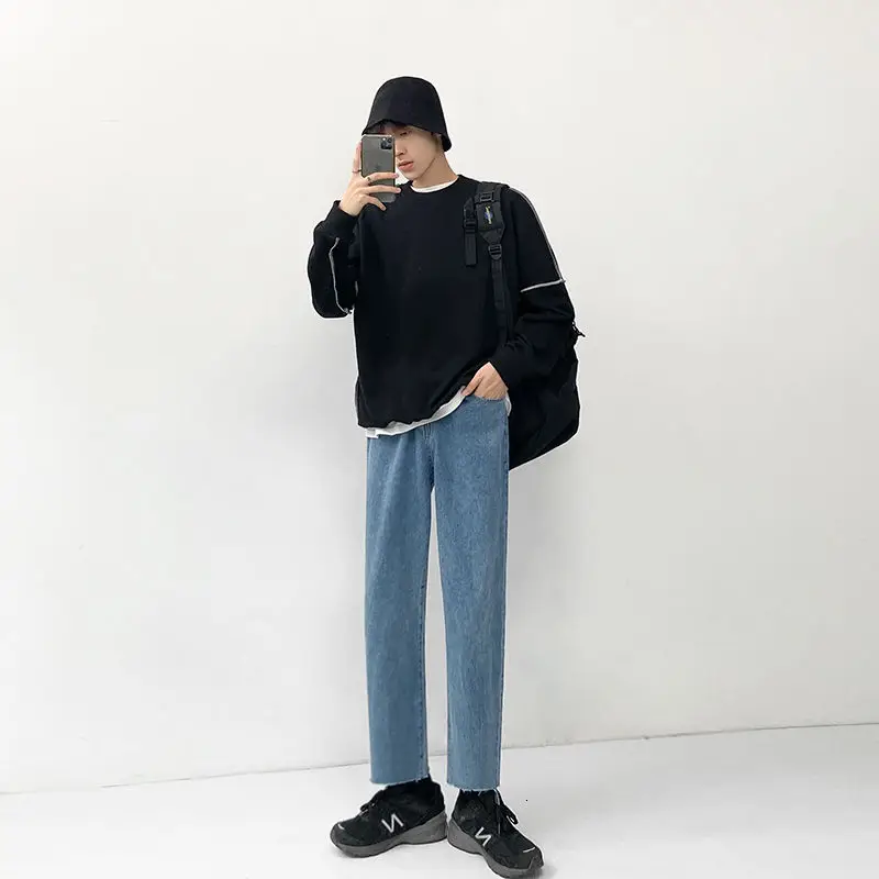 

2020 Autumn And Winter New Youth Popular Loose Solid Color Wild High Waist H Jeans Fashion Casual Straight Pants Black/blue