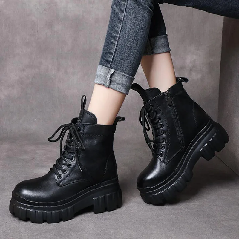 GKTINOO Women's Genuine Leather Ankle Boots Women Autumn Winter Lace Up Women Punk Boots Flat Ladies Shoes Woman Botas Mujer