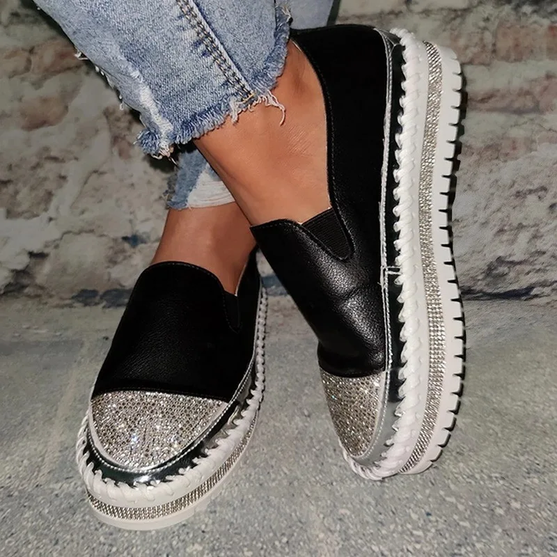 

2021 Women Flat Glitter Sneakers Casual Female Pu Leather Bling Platform Comfortable Plus Size Vulcanized Shoes Zapatillas Mujer