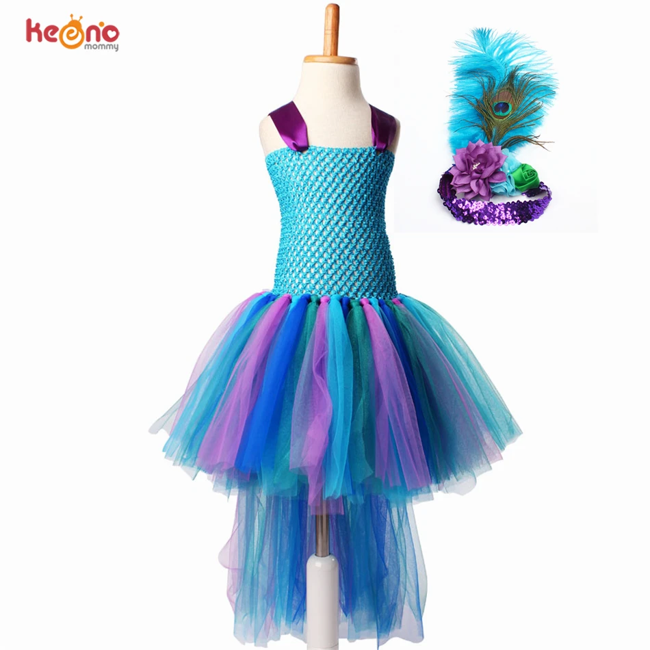 Peacock Girls Dress With Headband Long Trail Dresses Fluffy Robe Fille For Kids Photo Performance Costume Pageant Gowns Clothes | Детская