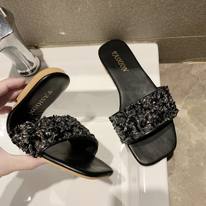 Summer Slippers Women Shoes Square Head Flat Sexy Party Loafers Beach Ladies Slides Plus Size 41-44 Zapatos Mujer 2019 | Обувь
