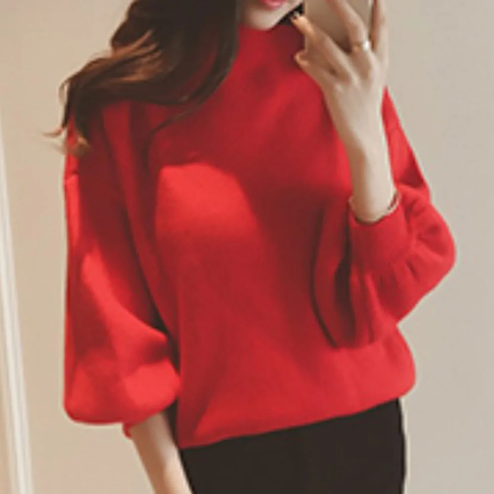 

2020 Autumn And Winter Sweater New Korean Lantern Sleeve Pullover Bubble Knit Sweater Half High Collar Bat Tops OL Simple Style