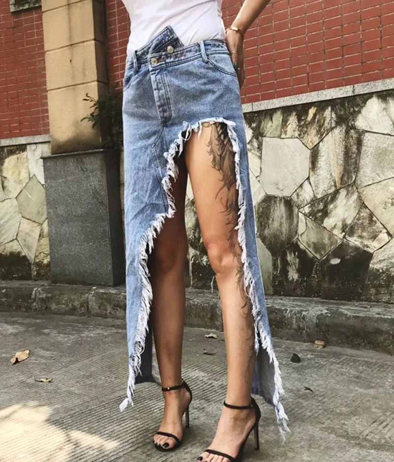 

2020 Summer New Retro Old Irregular Fuzzy Edge Split High Waist Denim Skirt Female Holographic Skirts Womens Gothic Denim Skirt
