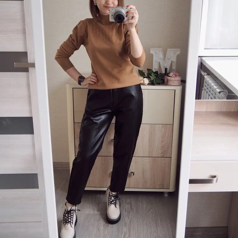 2021 осень зима черного цвета из искусственной кожи женские брюки с эластичной