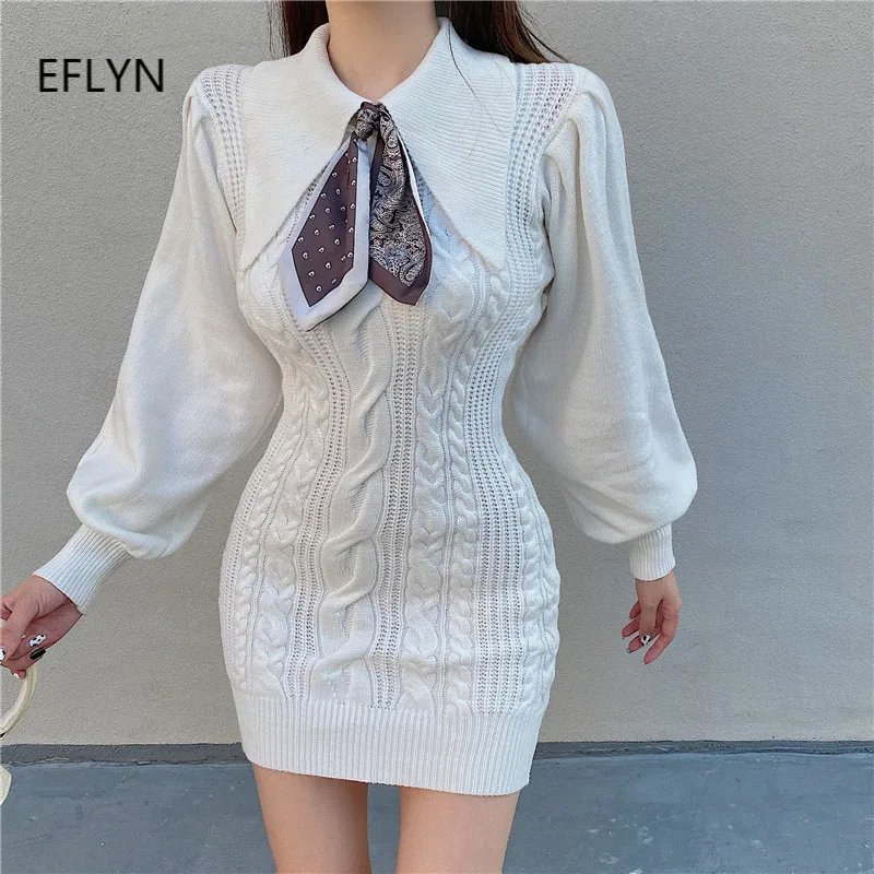 

Elegant Sweater Dress Women Fall Spring Long Sleeves Knitted Dress 20210 New Retro Tunic Waist Twist Bodycon Dress with Scarf