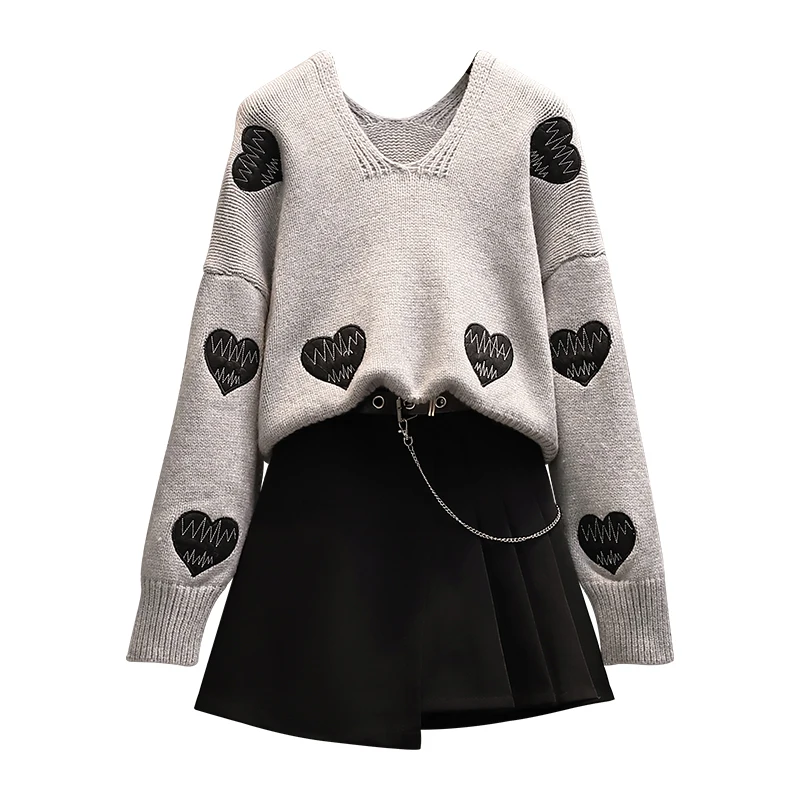 

Winter Cute Women's Pullover V-neck Sweetheart Embroidered Knit Pullover and Pleated Culottes Set Chic Dress Korean Sweater 2021