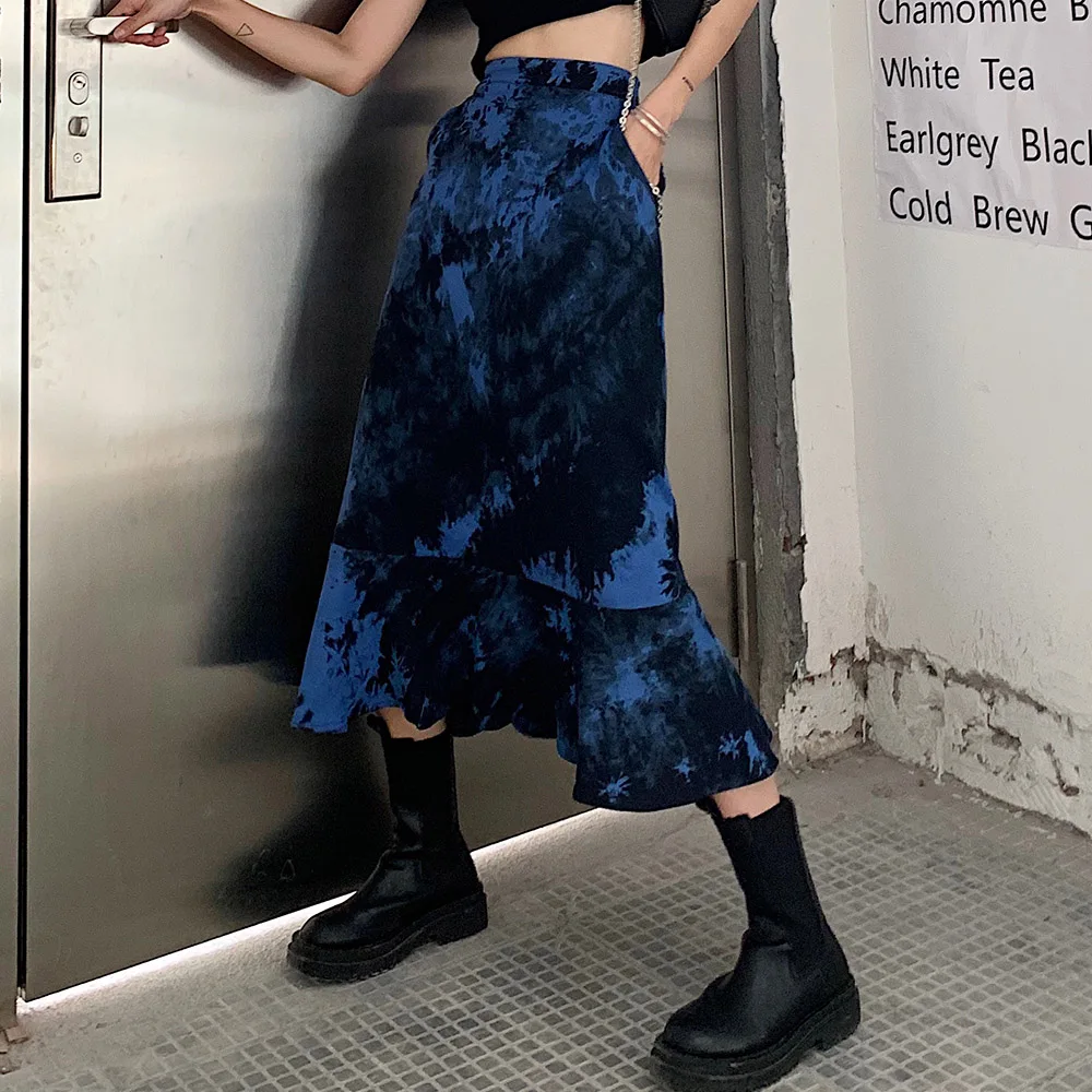 Готический Для женщин юбки синего цвета вареный с нижней частью Высокая Талия Slim