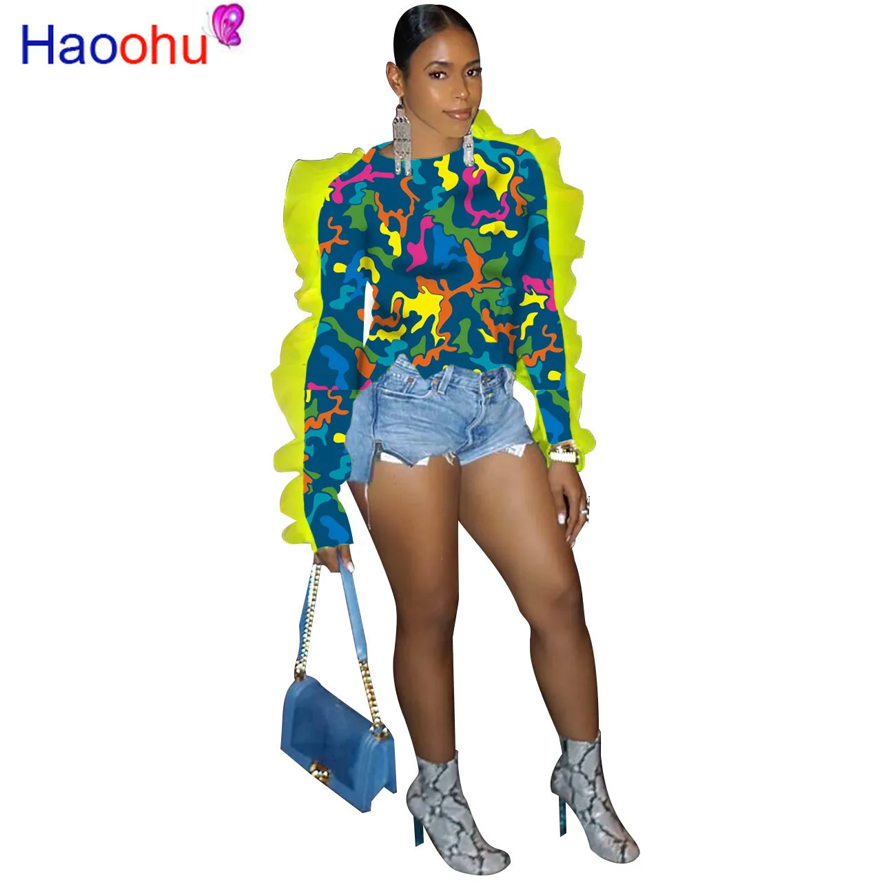 

2019 Autumn Women Winter camouflage Print Long Sleeve T-shirt o neck ruffles Vintage Fashion slim Tee Top Casual T Shirts