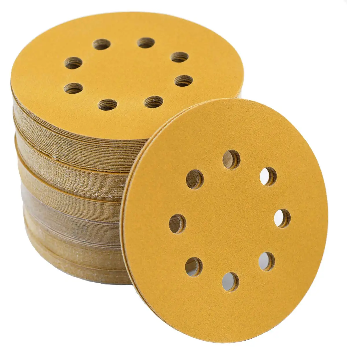 

20Pcs 5 Inch 8 Holes Sanding Disc Aluminium Oxide 60 to 1000 Grits Hook Loop Gold Sandpaper for Metal & Automotive