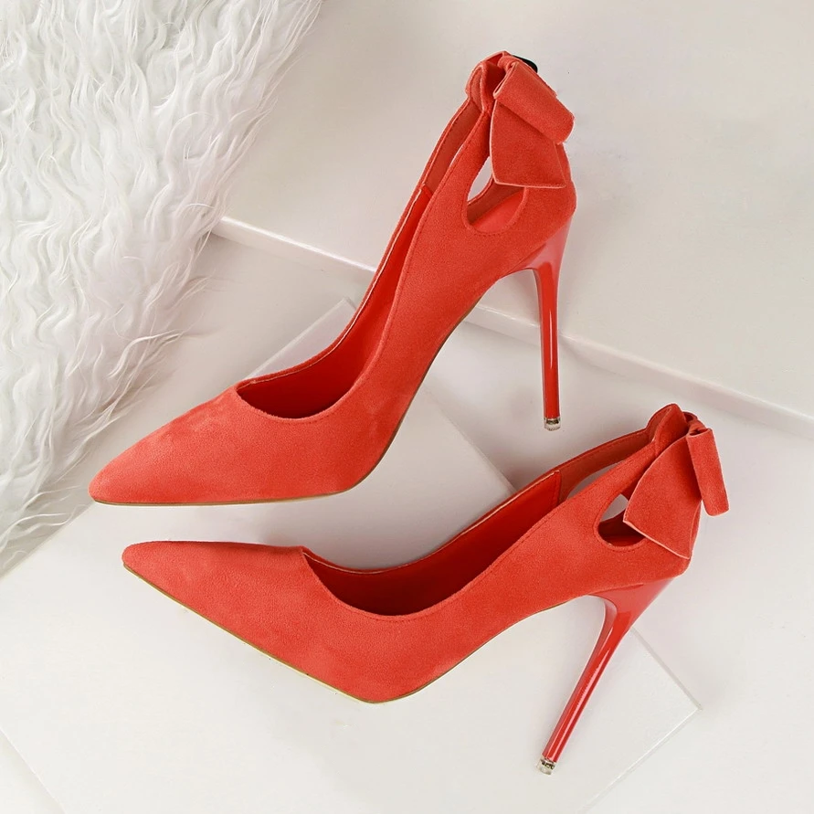 Милые туфли лодочки Туфли на тонком высоком каблуке с бантом Женские замшевые