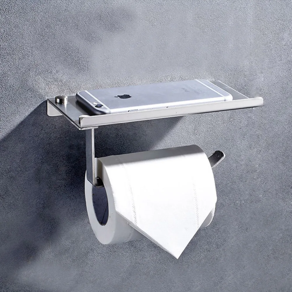 

Stainless Steel Holder Paper Roll Hanger with Mobile Phone Storage Shelf Polished