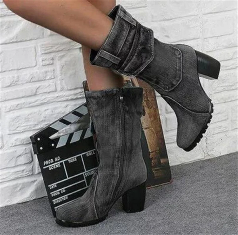 

New women's boots waist with denim casual riding boots winter boots women zapatos de mujer faux suede slim boots