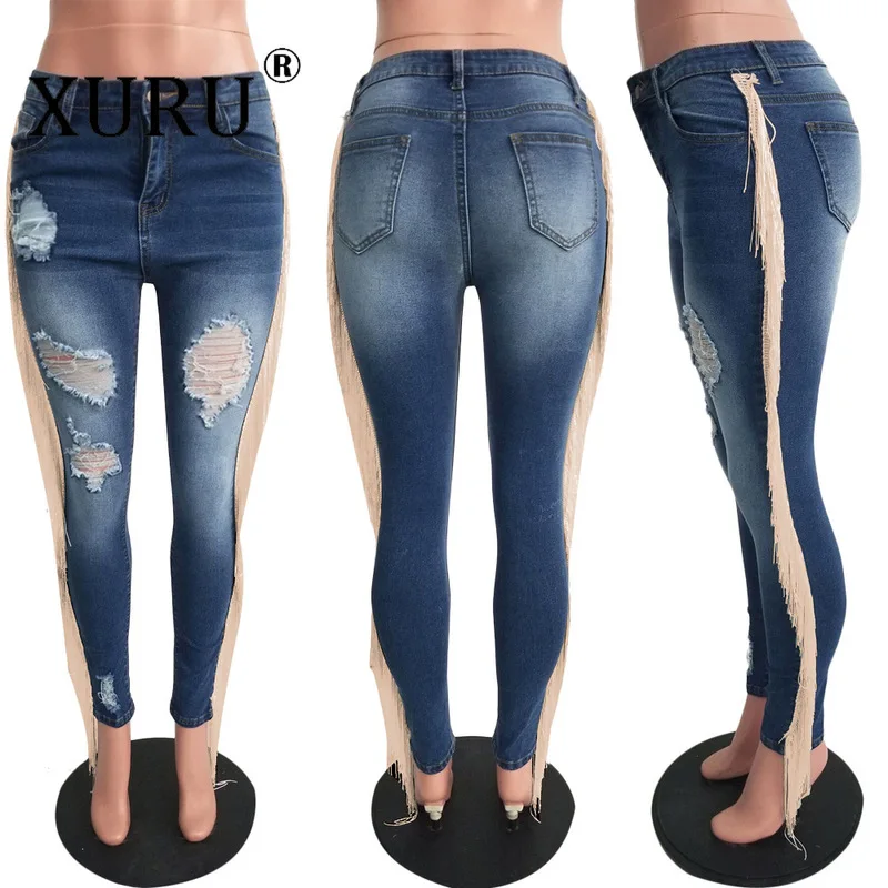 

XURU Women's Jeans Autumn New Women's Hole Tassel Jeans Personality Street Denim Trousers