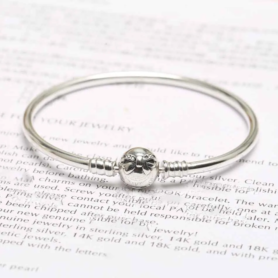 

Authentic S925 Sterling Silver Dainty Bow Clasp With Crystal Bracelet Bangle For Women fit Lady Bead Charm DIY Jewelry