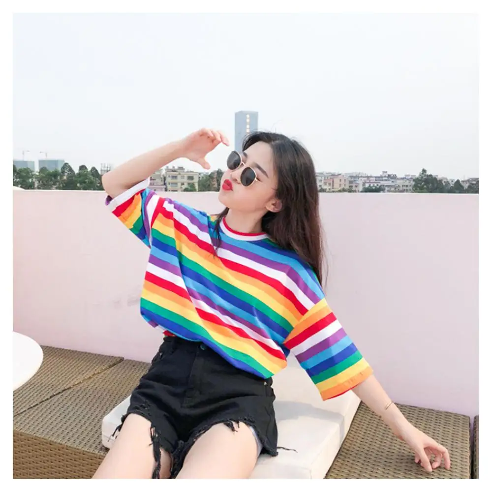 Горячая Футболка женская Радужная полосатая футболка 2019 летняя Корейская