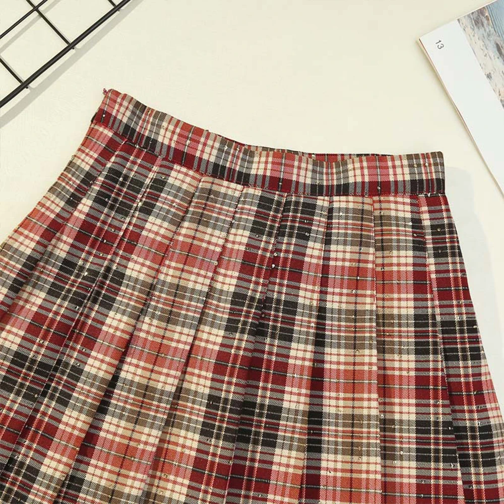 

School High Waist Women Summer Short Pleated Skirt Female Sweet Mini Plaid Skirts VD1881 Black Red Sequins Tennis Skirt Y2K