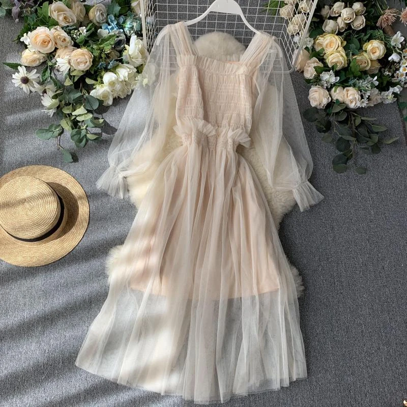 Французское платье феи летнее кружевное принцессы с квадратным вырезом супер
