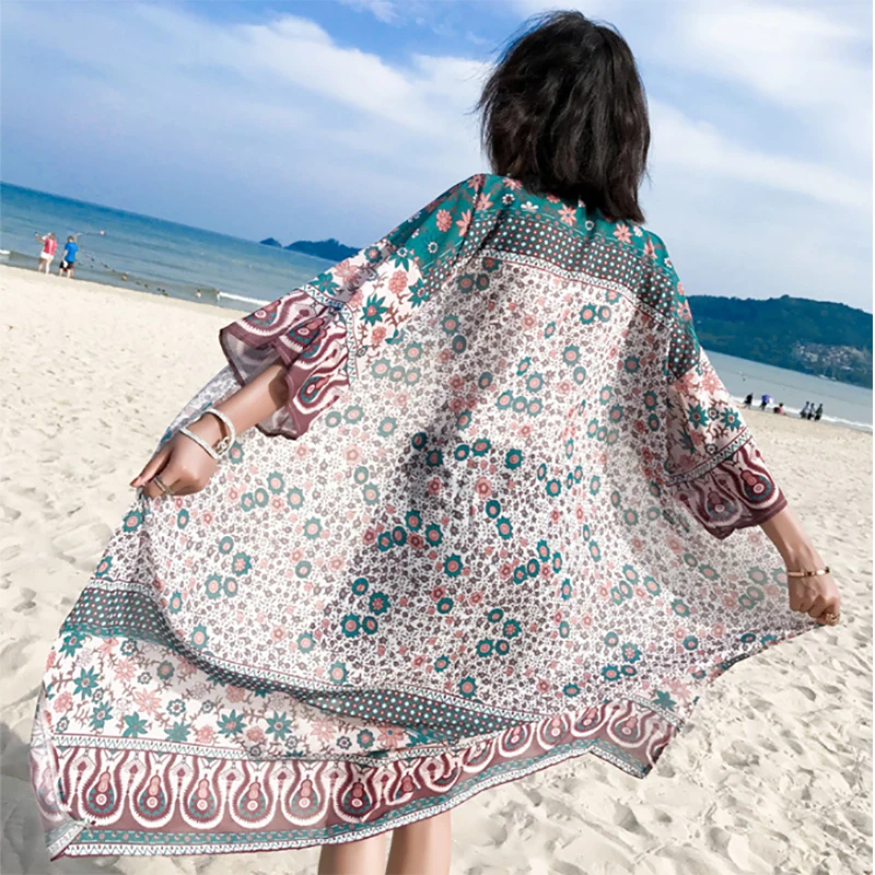 Women Beach Dress Print Bikini Cover Up Chiffon Cardigan Plage Sarong Swimsuit Cover-ups Shawl Wrap Pareo Beachwear 2021 New