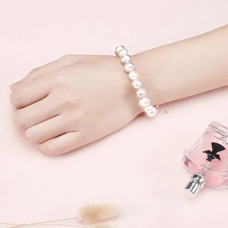 

8-9mm Natural Pearl Strand Bracelet For Women with White Clay Zircon Ball Elasticity Fashion Bracelet Girl Birthday Gift