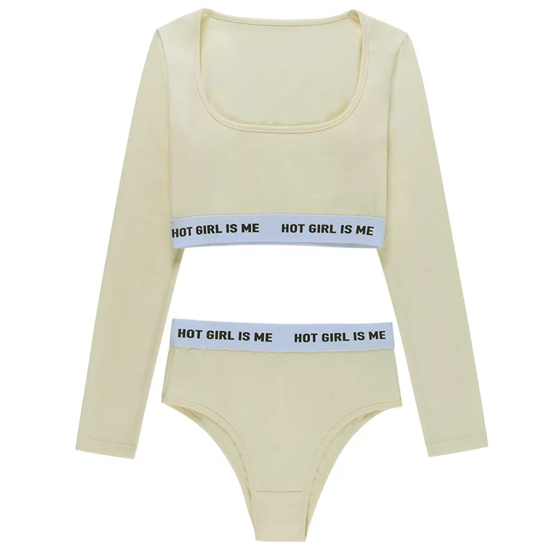 

Sexy Two Piece Outfits for Women Long Sleeve Slim Stretch Round Neck Casual Crop Tops Panties Workout Suit Sportswear