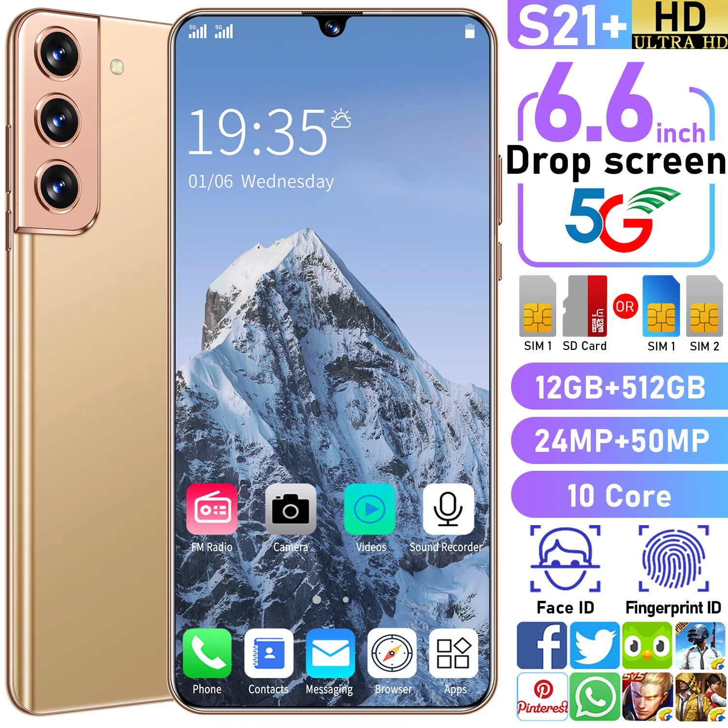 

S21+ 6.6 Inch SmartPhone Global Version Mobile Phone 12GB+12GB ROM 24MP + 50MP 10 Core MTK 6889 Dual SIM 4G LTE 5G Cell Phones